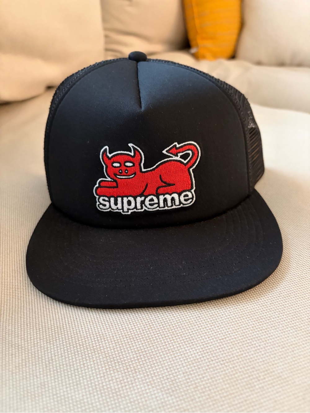 Vintage Supreme Black Trucker Hat with Red Devil Logo